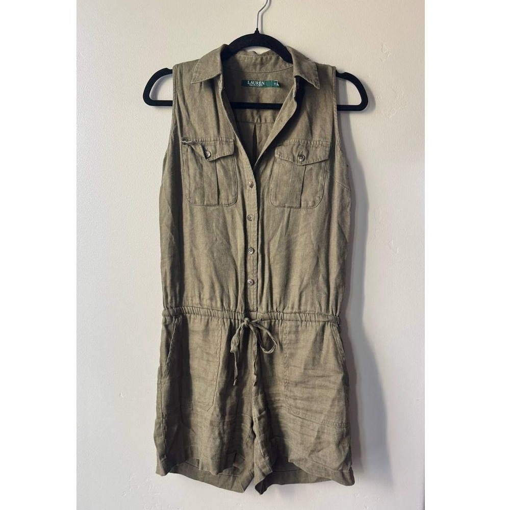 Lauren Ralph Lauren Linen Utility Romper 0 Olive Khaki Sleeveless Euro Summer